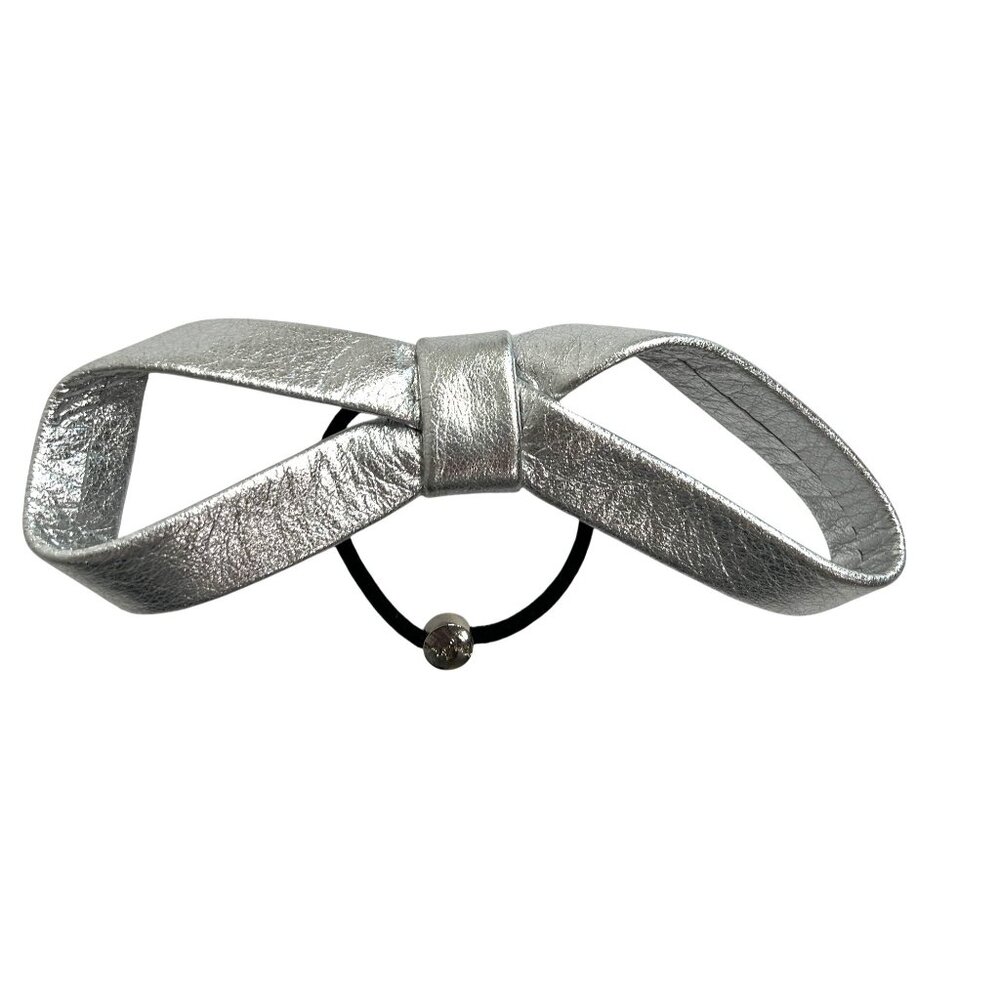By Lilla Leather Bow Hair Tie in Metallic Silver